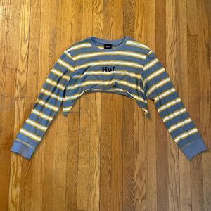 huf longsleeve blue and yellow grunge striped crewneck crop top size large